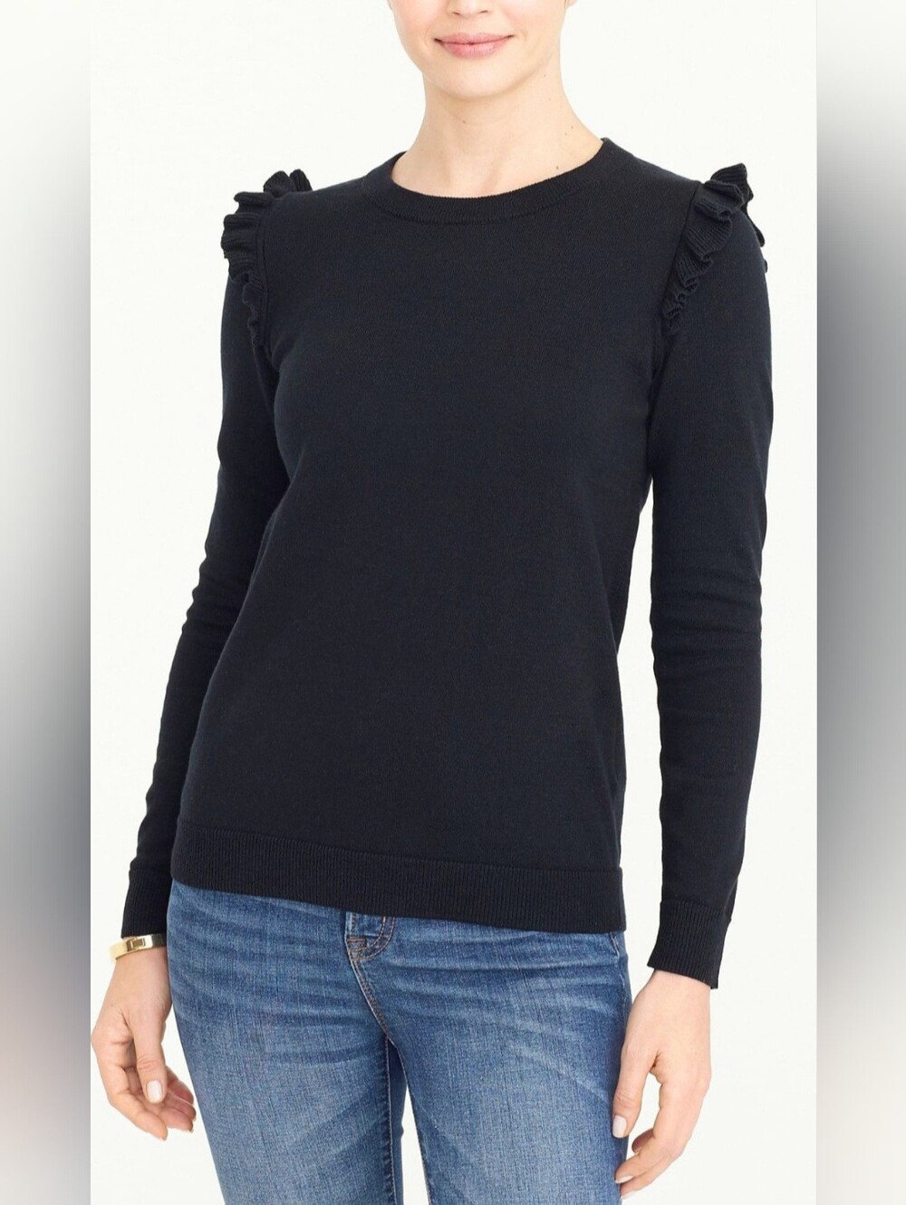 J.Crew 100% Cotton Black Ruffle Shoulder Sweater Women's Business/Office XL